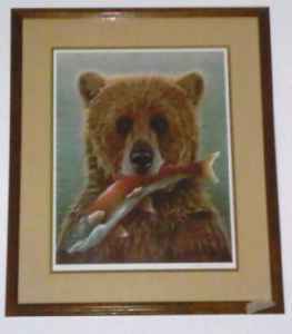 Artwork titled \"The Fisherman\" Grizzly Bear and Sockeye Salmon