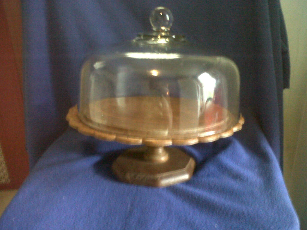 wood cake stand with glass cover