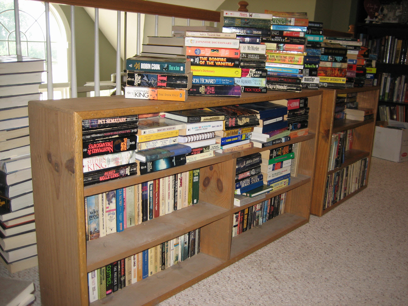 Paperback Books & 2 Wood Bookcases