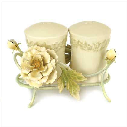 FLORAL VICTORIAN SALT and PEPPER SHAKERS WITH STAND