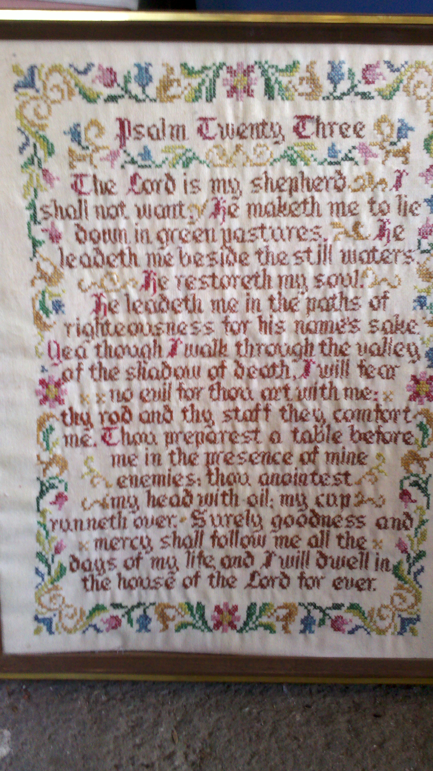 Needlepoint Psalm 23 framed