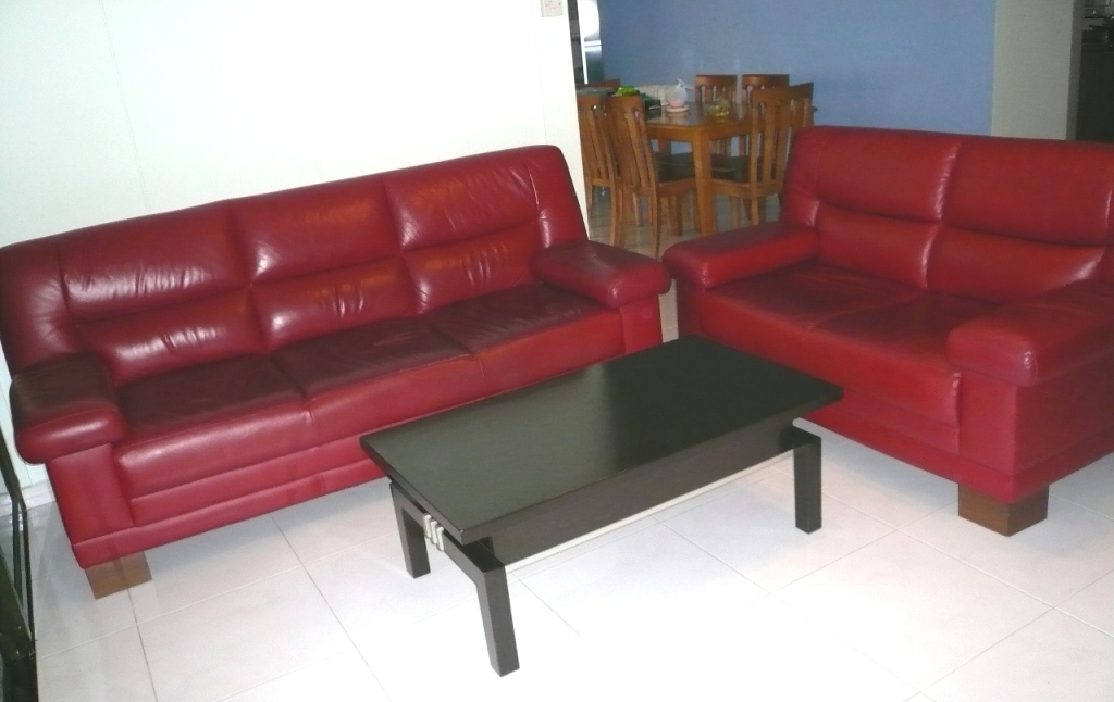 Sofa Set (3 + 2 seaters, half leather, maroon colour)