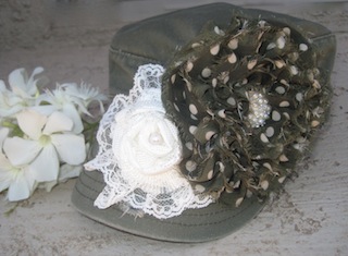 Olive Green Military Cadet Distressed Hat with Fabric Flowers