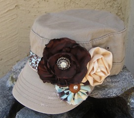Khaki Cadet Military Distressed Army Hat with Fabric Flowers