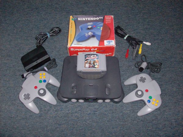(N64) NINTENTO 64 CONSOLE w/ALL CABLES, THREE CONTROLLER & 2 GAME