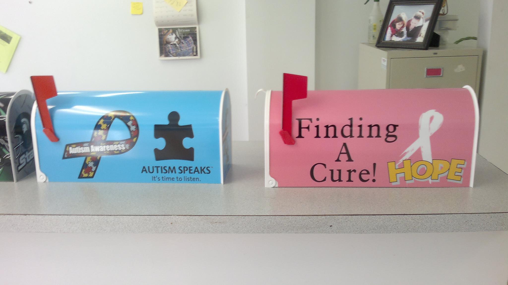 Pink Cancer and Blue Autism Mailboxes