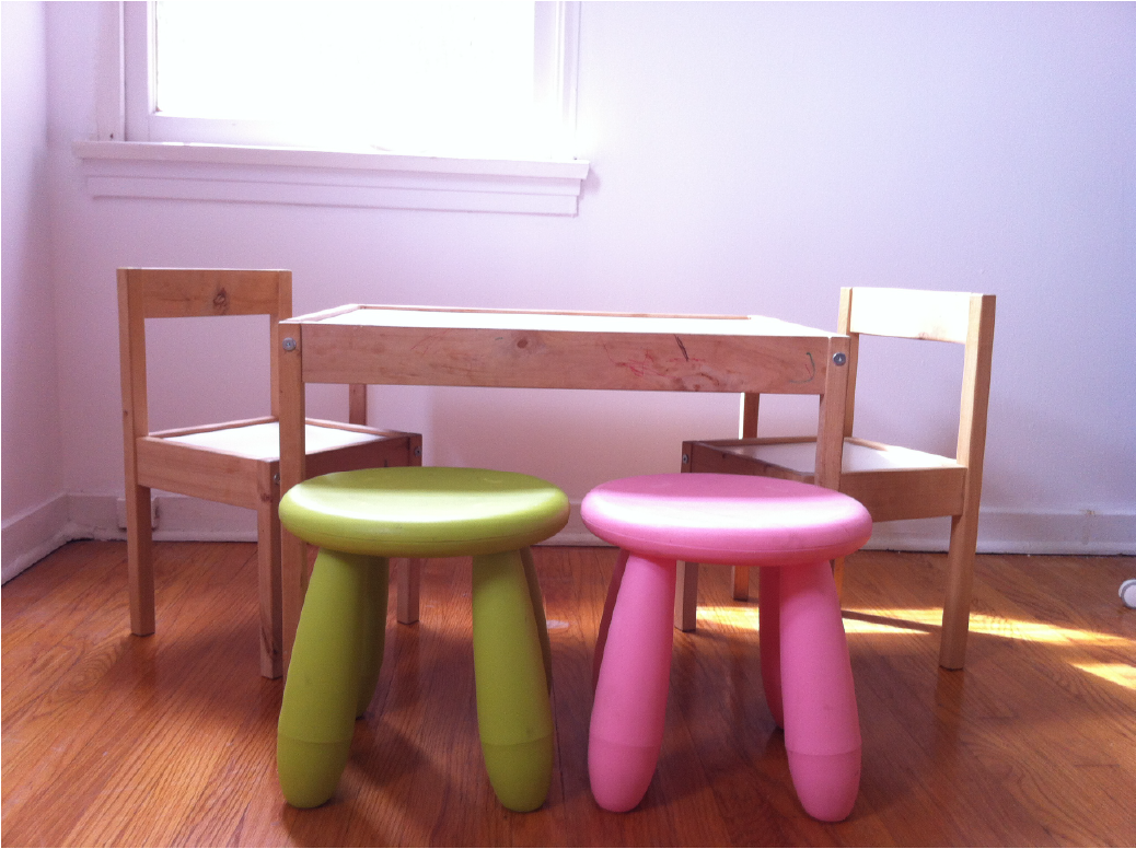 Ikea Children\'s Desk, Chairs, Pink and Green Stools