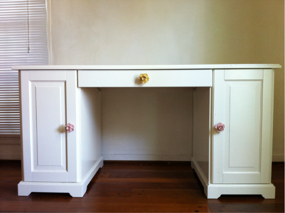 Ikea Liatorp White Desk $299 with Anthropologie Drawer Pulls