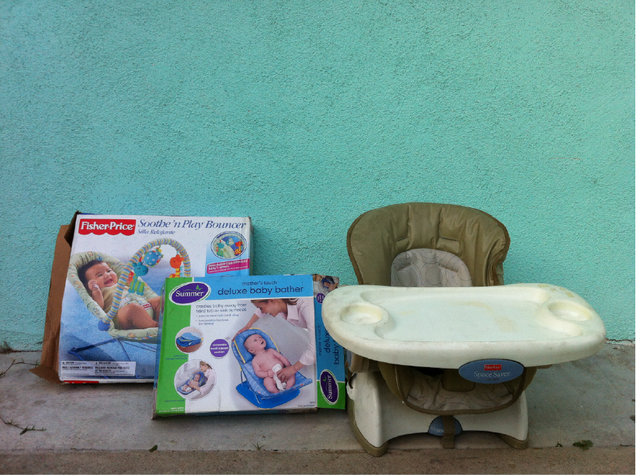 Fisher Price Space Saver High Chair $55, Bouncer $65 + Bather $20