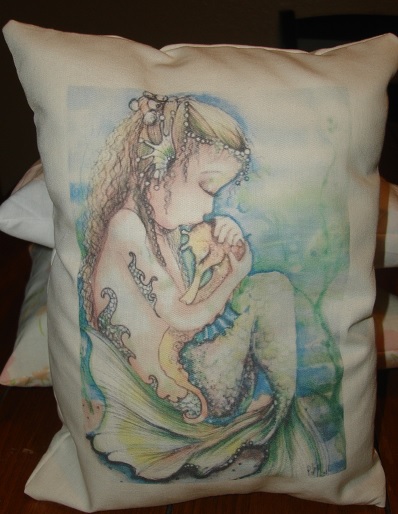 Mermaid Kissing Seahorse shabby style 9x7 accent pillow, handmade