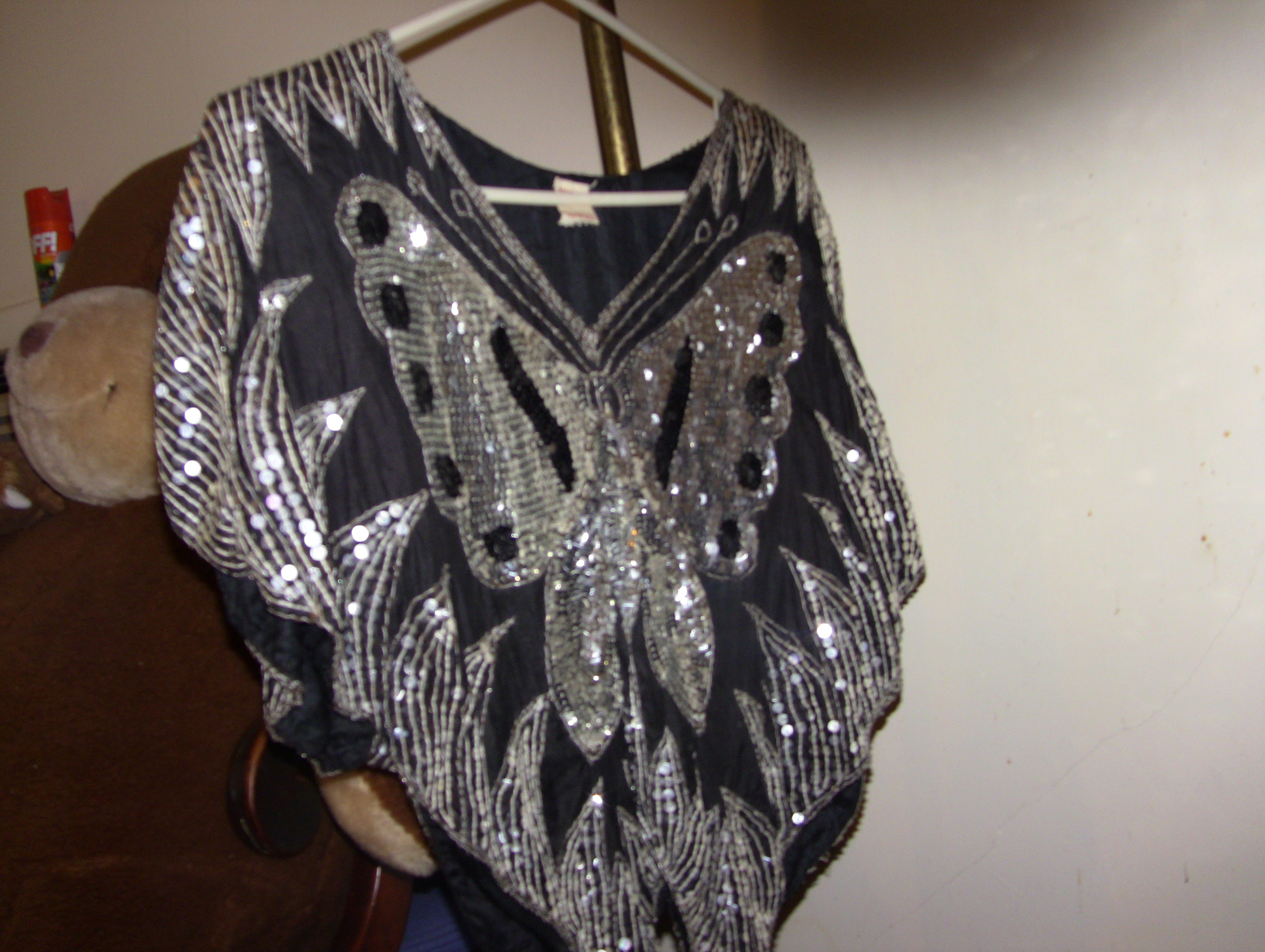 Black Silk Silver Sequined Butterfly Top