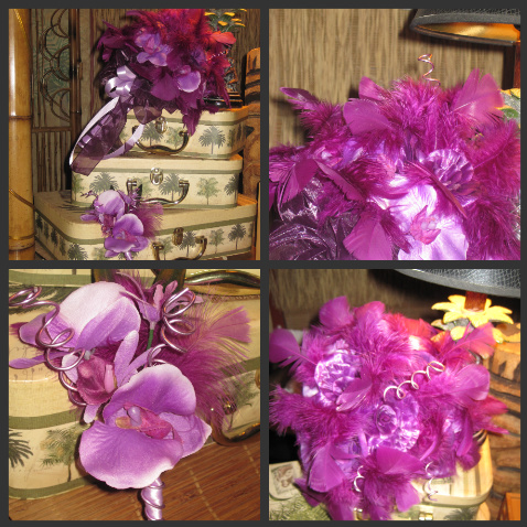 Orchid and Feather Bridal Bouquet and Groom Boutonniere - NEW