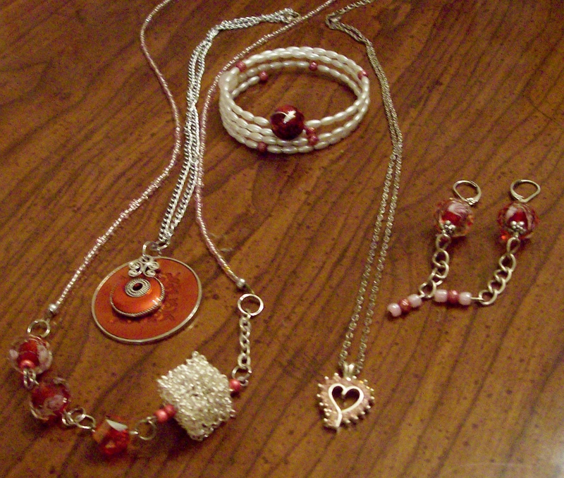 3 necklaces, 1 pair earrings, 1 bracelet