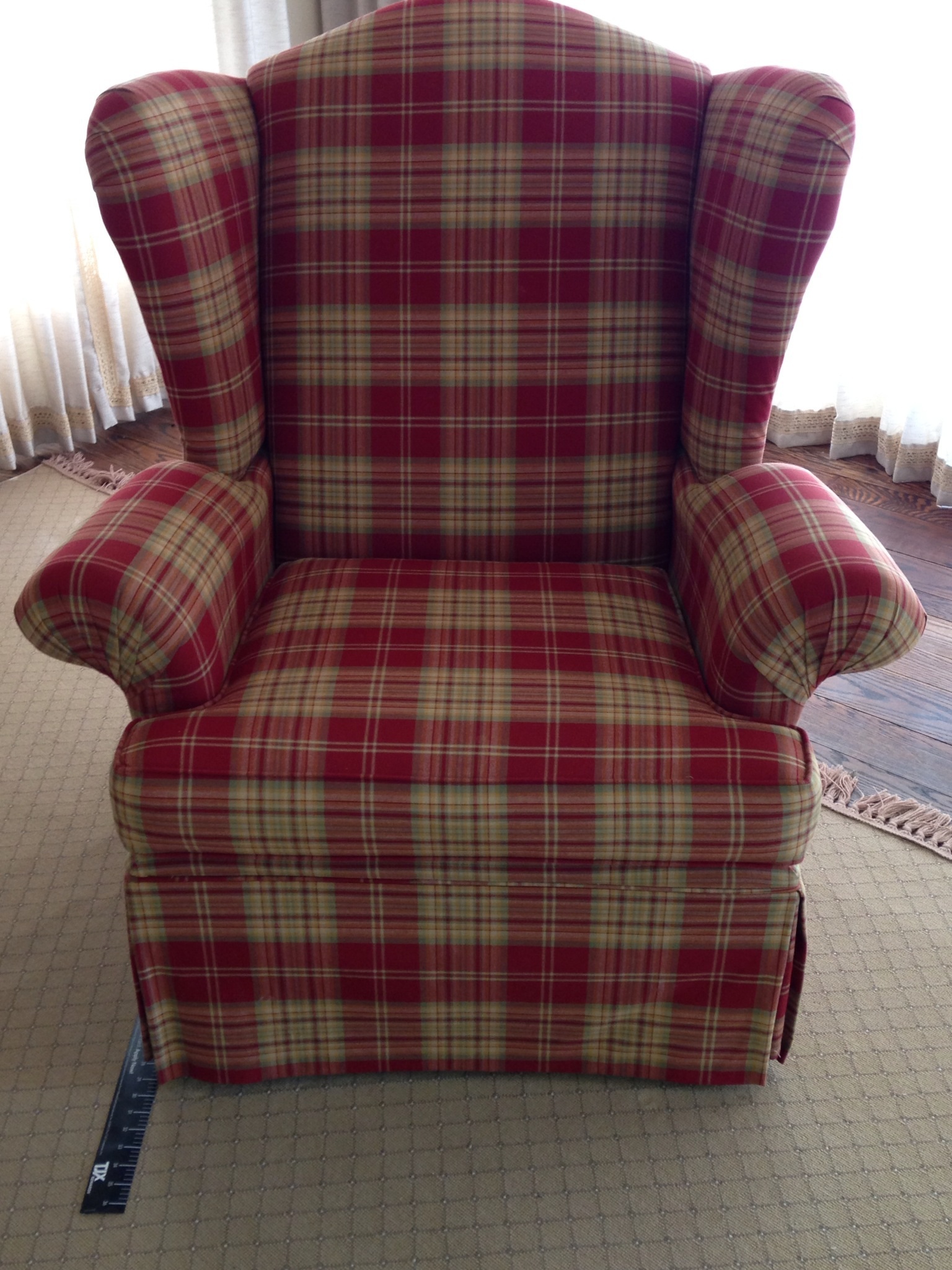 2 Beautiful Red Plaid High-Back Armchairs
