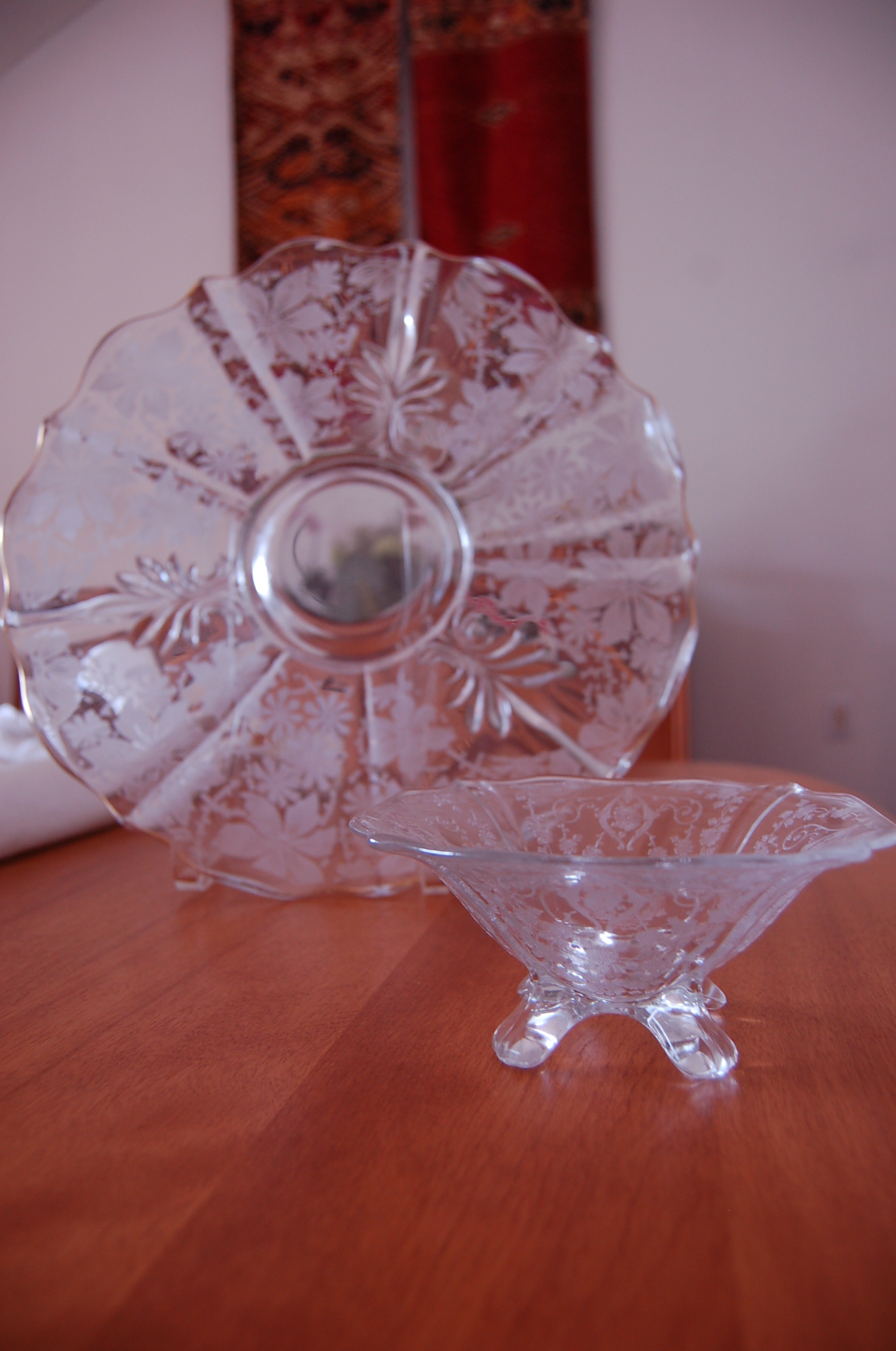 2 piece etched and cut glass platter and dip bowl