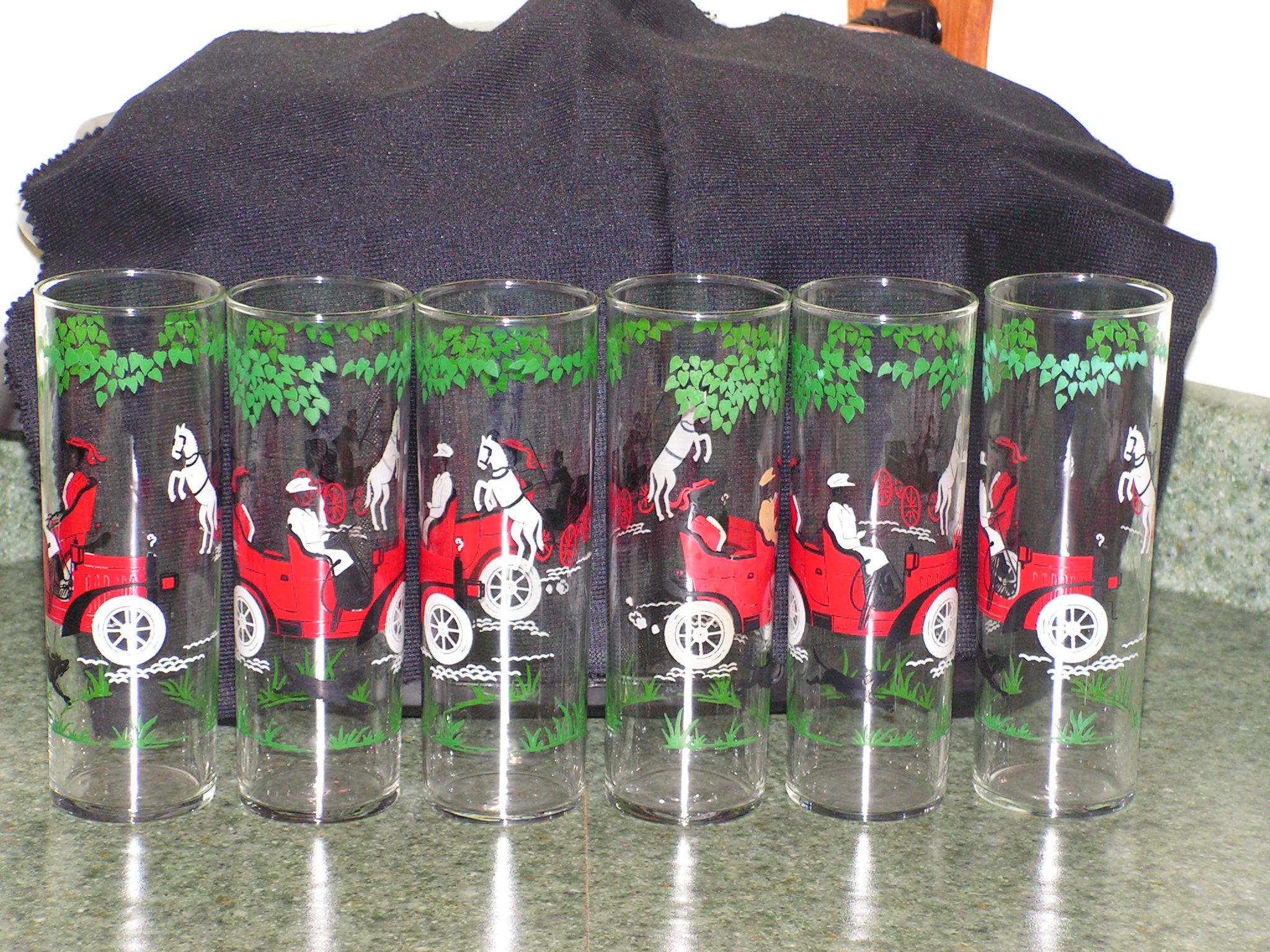 Hand Painted Horse and Horseless Carriage Tea Glasses - set of 6