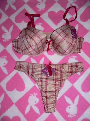 NWT Women\'s Tan and Burgundy Plaid Bra Set by Sofra.....32B and S