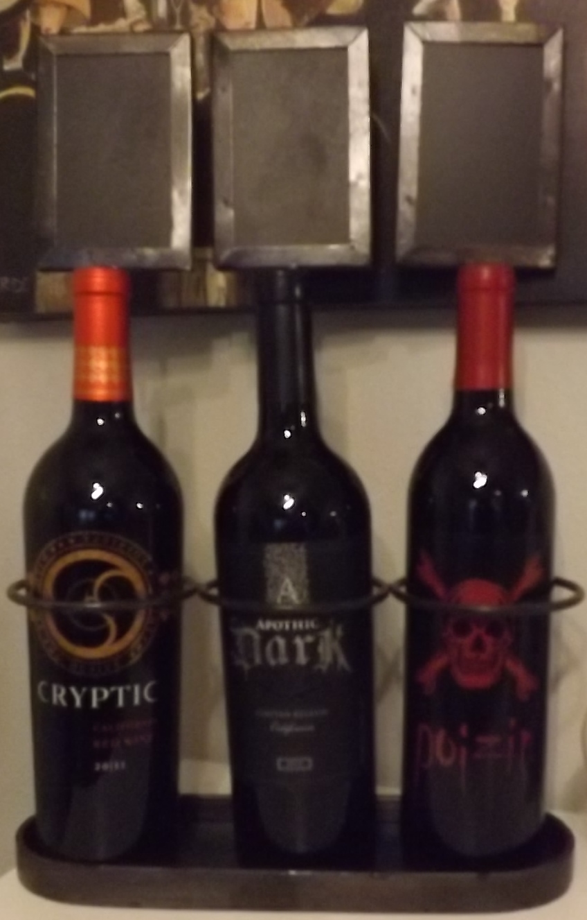 Wine display for 3 bottles wi/chalkboards to label for guests