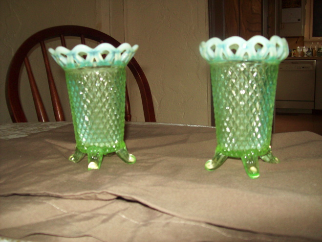 Pair of vintage green vaseline glass vases