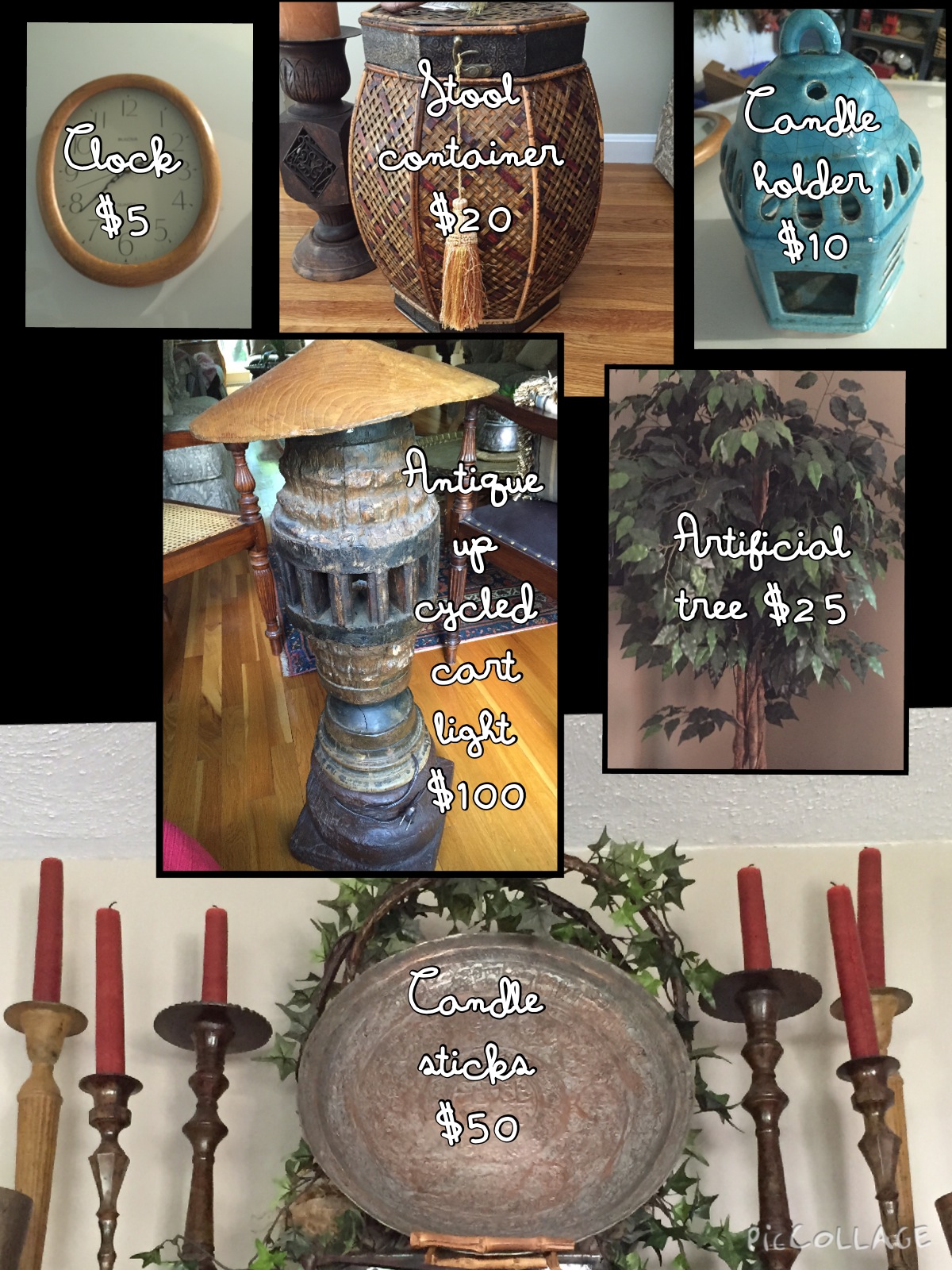 Clock, candle holders,Stool, Tree, Upcycled Cart Light