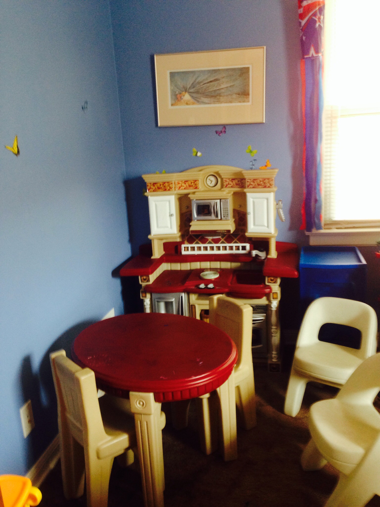 Play kitchen, table, and chairs