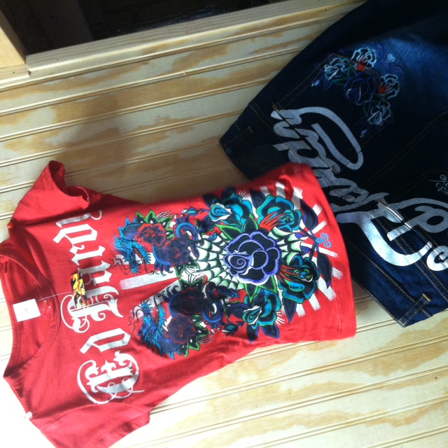 ed hardy shirt s red and jeans waist 29