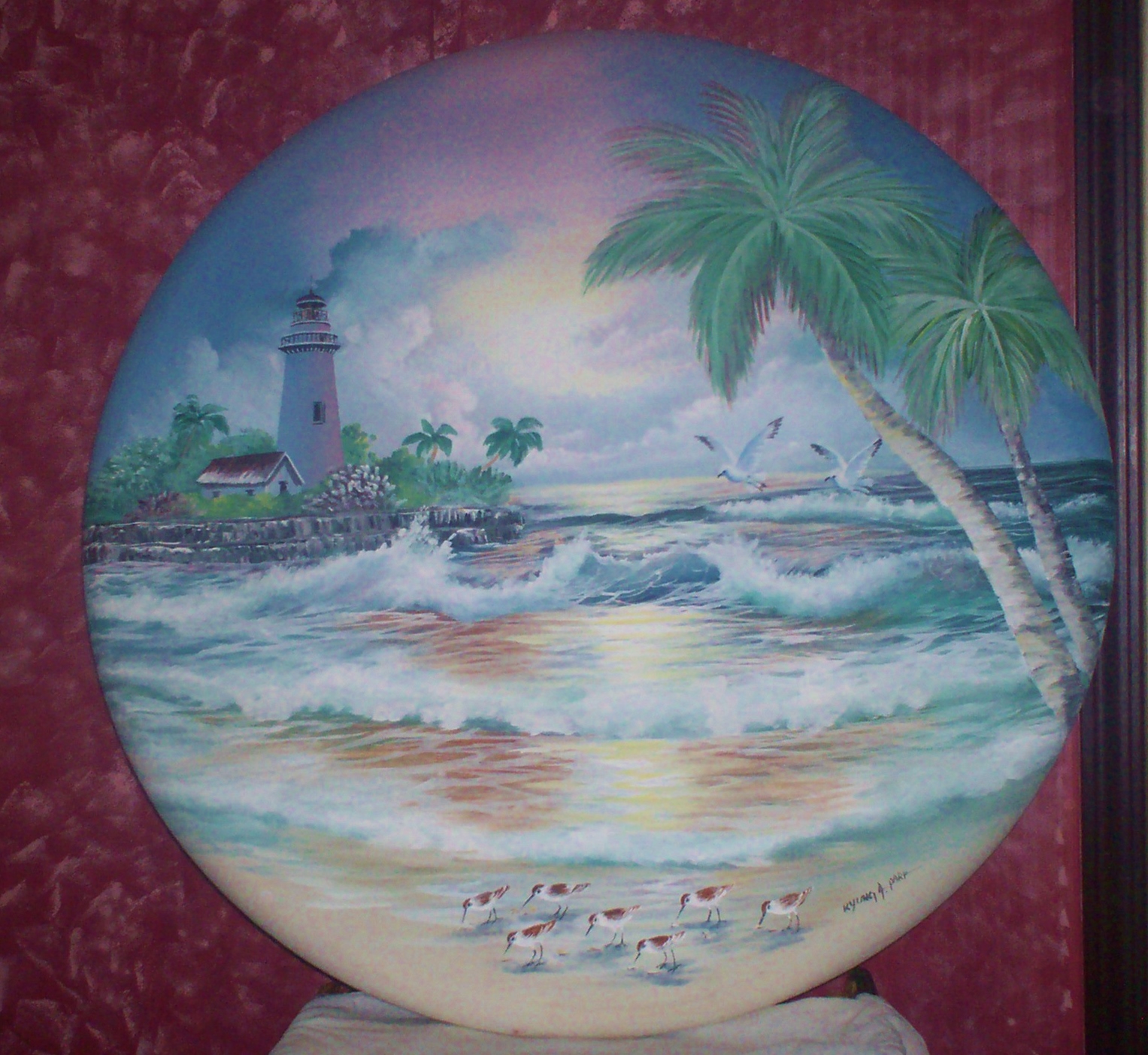 Lg. 36\" Signed Painted Canvas of Lighthouse and Ocean