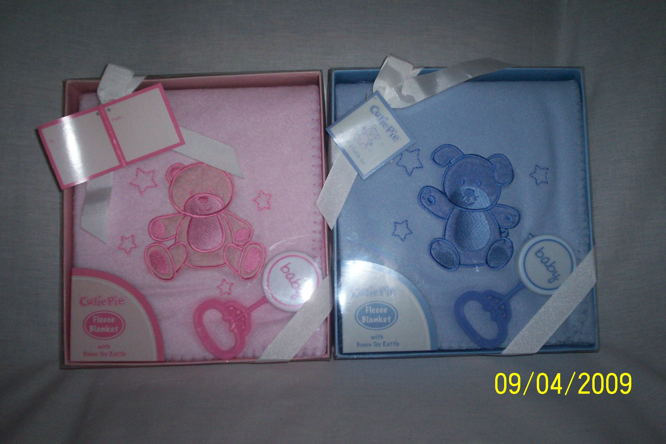 Pink or Blue Blanket/Rattle Gift Set