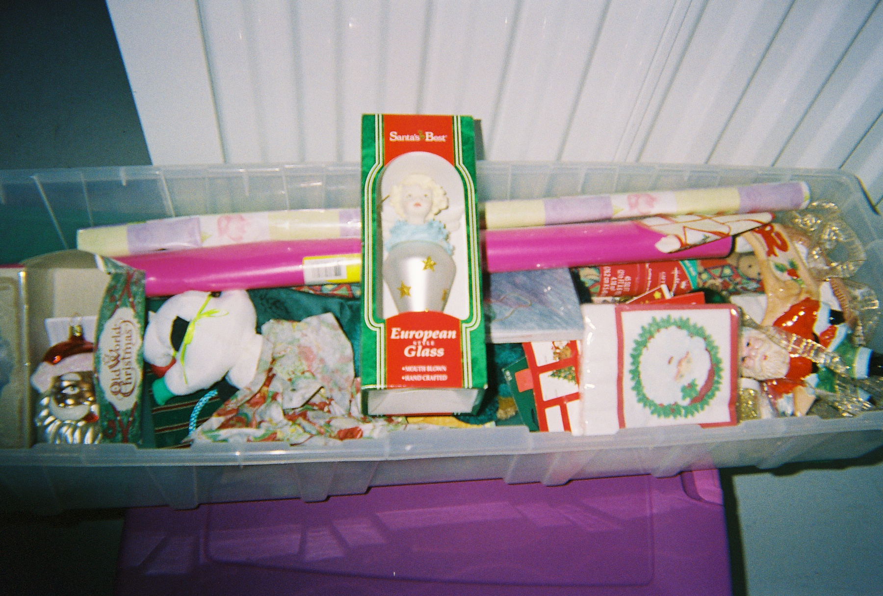 CHRISTMAS WRAP,DECORATIONS,ETC. IN PLASTIC STORAGE BOX