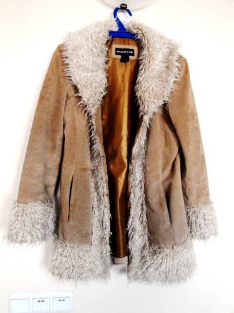 Womens Tan Leather Coat with Fur Accents