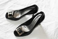 BCBGirls peeptoe black patent leather with buckle size 6 1/2