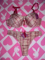 NWT Women's Tan and Burgundy Plaid Bra Set by Sofra.....32B and S