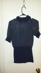 Charlotte Russe Blue and White Polka Dot Sheer Turtle Neck Top L